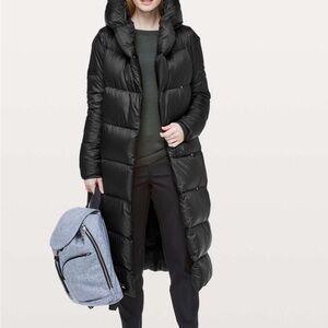 Long Dark Olive Puffer Coat with Hood